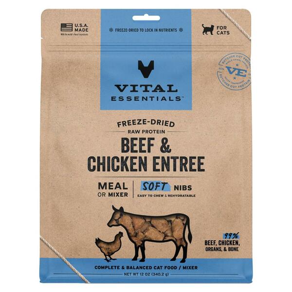 Vital Essentials Freeze-Dried Raw Entree &amp; Mixer Soft Nibs Beef &amp; Chicken | Cat (12oz)