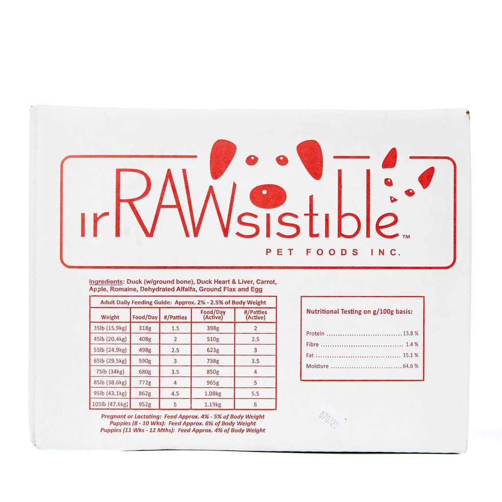 IrRAWsistible 227g Bone-In Duck Patties | Dog (10kg Freezer Box)