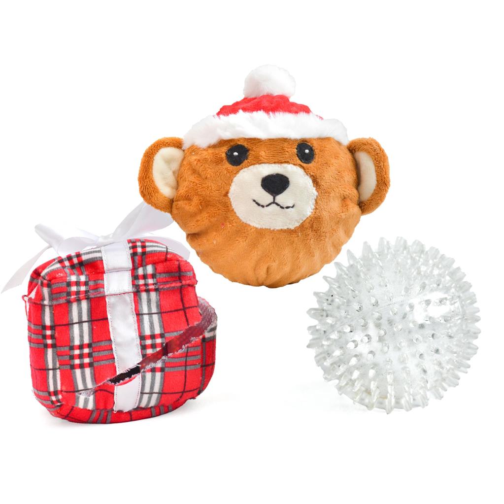 Patchwork Holiday Bear in a Present Prickle Ball (5&quot;)